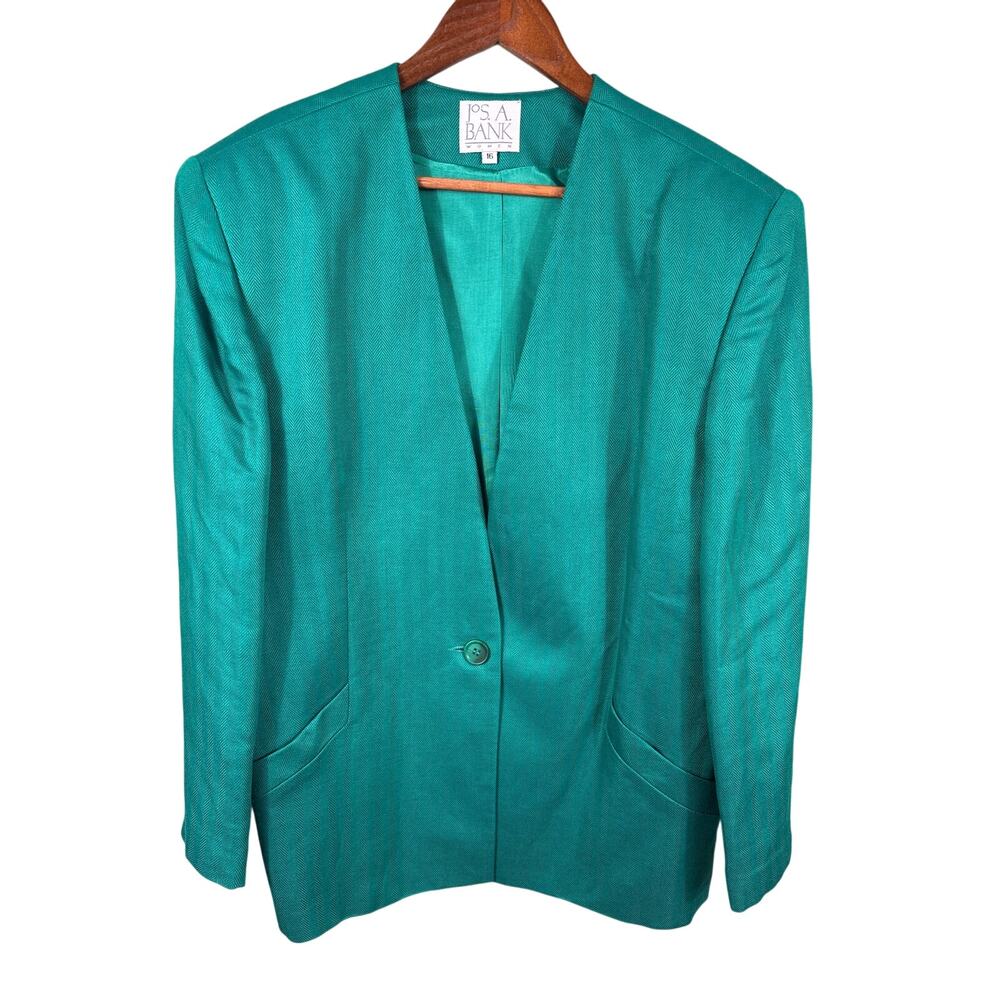 Jos A Bank Blazer Jacket Made in USA Women's Size 16 Green Linen Blend Pockets - Picture 2 of 13